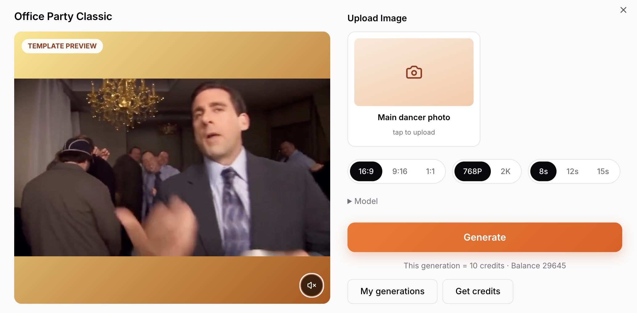 ViralReel generator dialog for the Office Party Classic template with photo upload, ratio, resolution and duration options