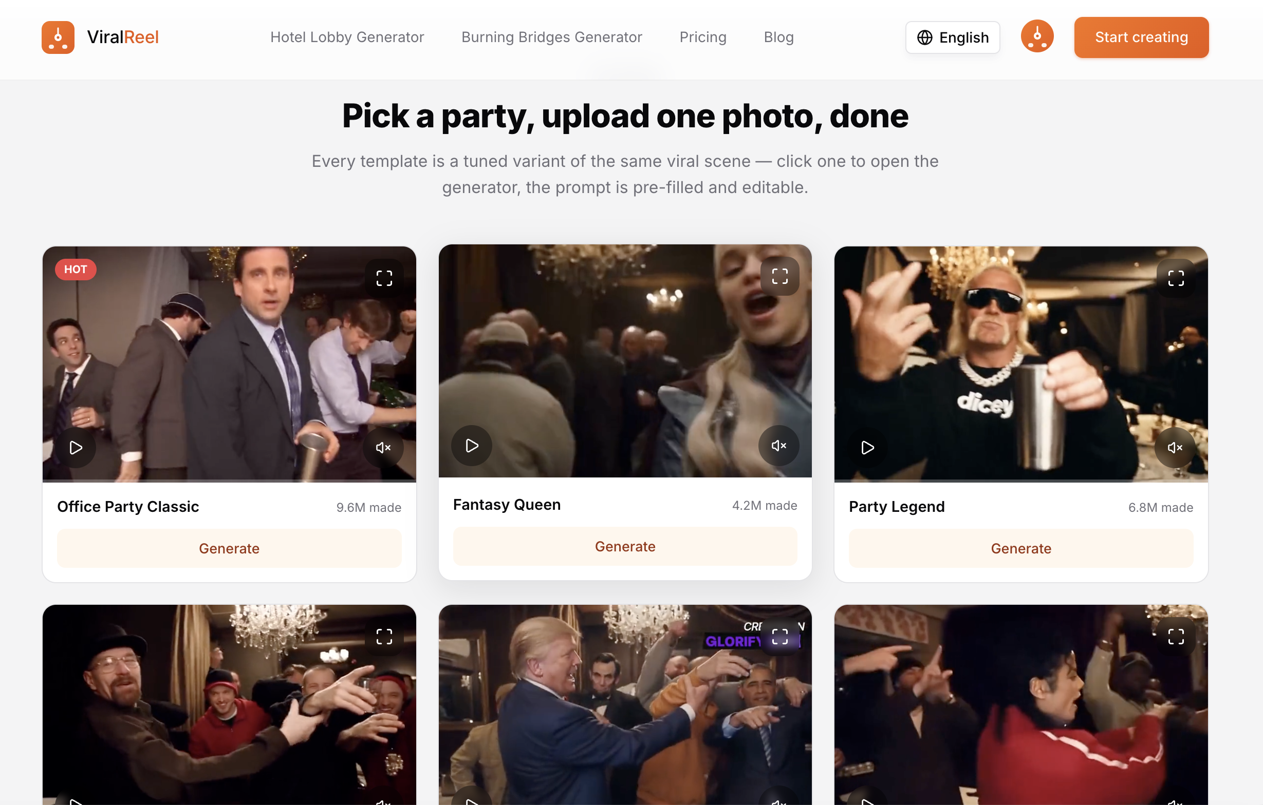 ViralReel Burning Bridges template gallery showing Office Party Classic, Fantasy Queen, Party Legend and more